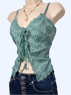 Sterling & Stitch Turquoise Tie Front Eyelet Cami Top